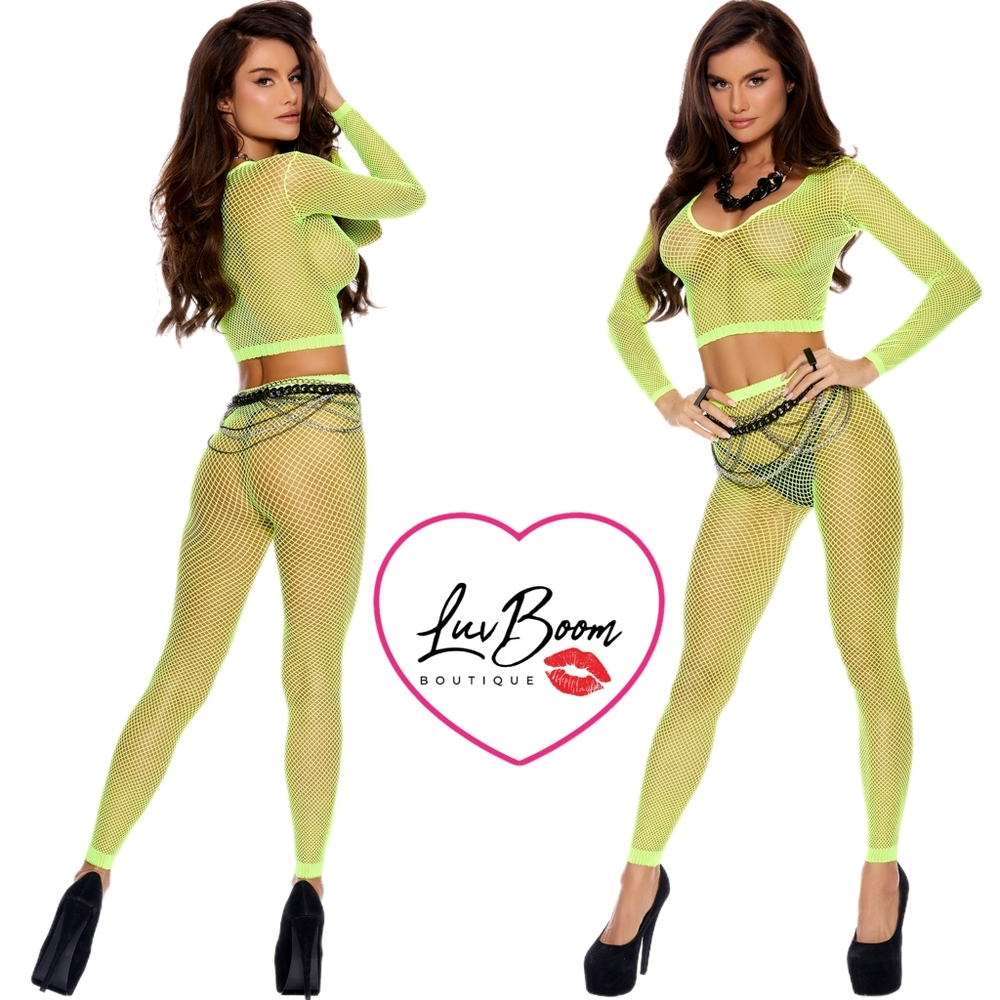 ‼️💌Funky Chartreuse Long Sleeve Diamond Net Top & Leggings Lingerie Set